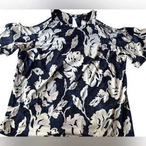 INC International Concepts Navy & White Cold-Shoulder Floral Blouse